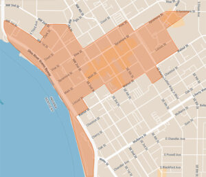 Map of the Downtown Evansville Designated Outdoor Refreshment Area (DORA). Photo provided by Adam Trinkel, executive director of the Downtown Evansville Economic Improvement District